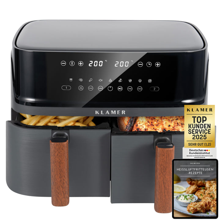 KLAMER Heissluftfritteuse Duo 9 L – Doppelkammer Airfryer mit 2 Körben & Digitaldisplay, 10 Automati
