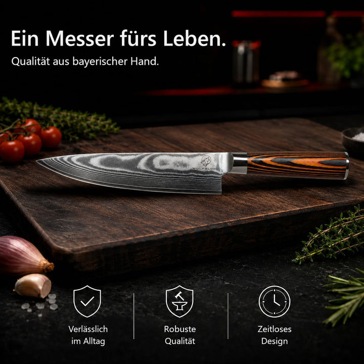 Wolfblood Damastmesser Küchenmesser XL(32cm) Profi-Kochmesser aus 67 Lagen Damaststahl &amp; VG10 Allzwe