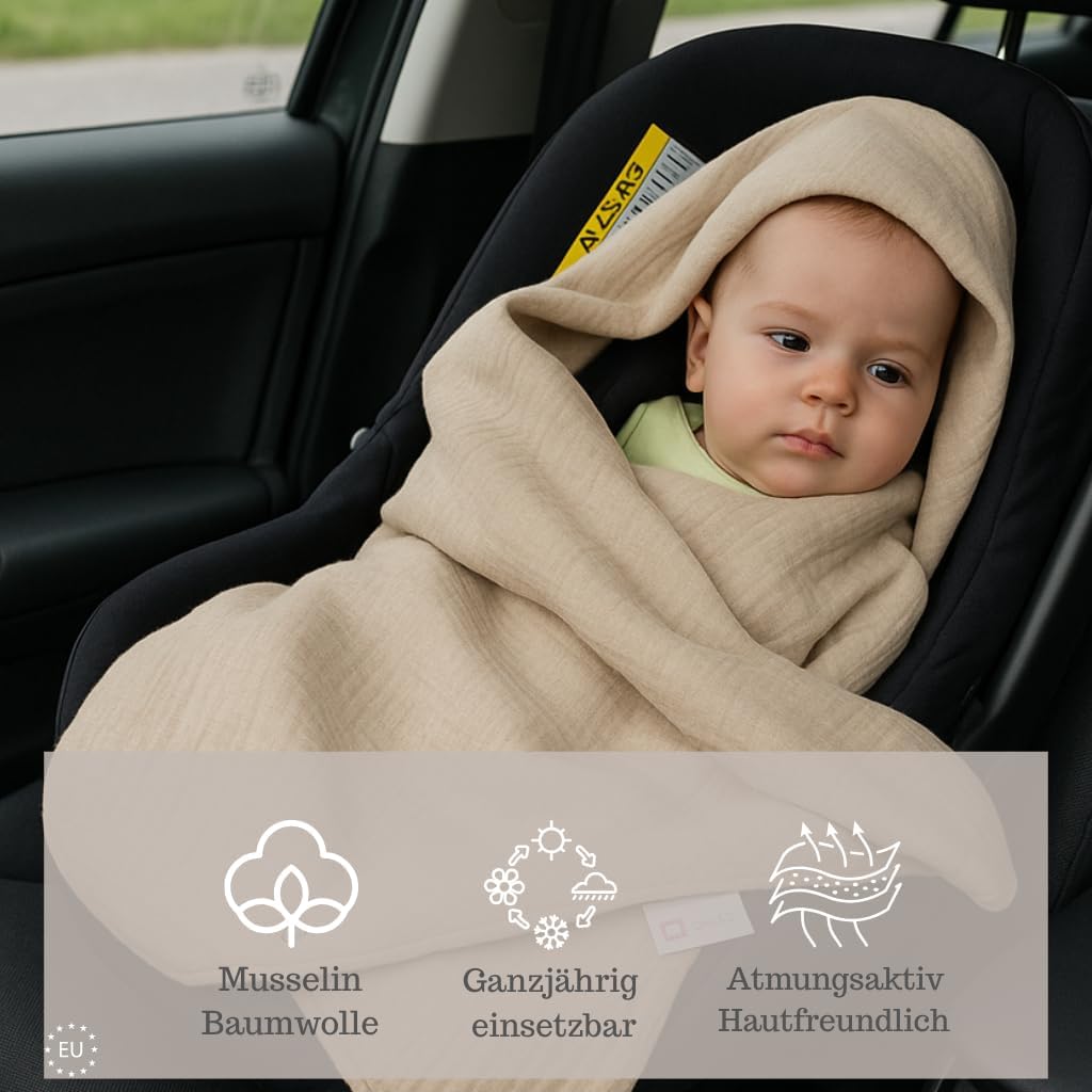 Babylux Musselin Einschlagdecke mit Kapuze – 90x90 cm – Sommer Babydecke für Autositz & Babyschale –