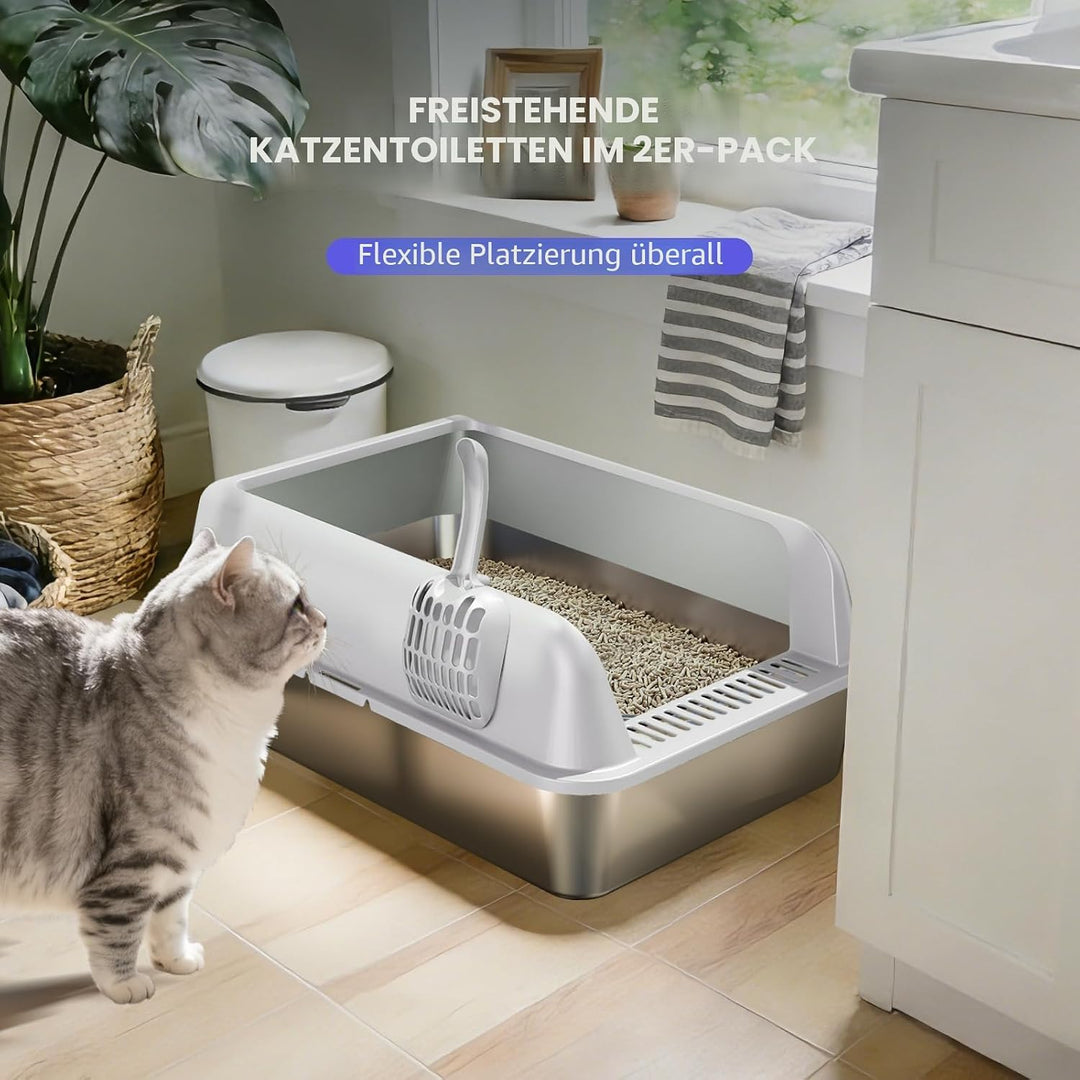2 Pack Katzenklo Edelstahl Gehege mit Deckel, Katzentoilette aus Edelstahl | Katzenklo Mit Hochwandi