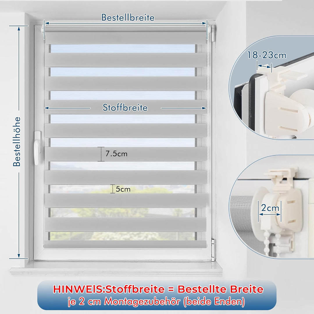 SBARTAR Doppelrollo Klemmfix ohne Bohren & mit Bohren Grau B90 x H130 cm (Stoffbreite 90 cm), Duo Ro