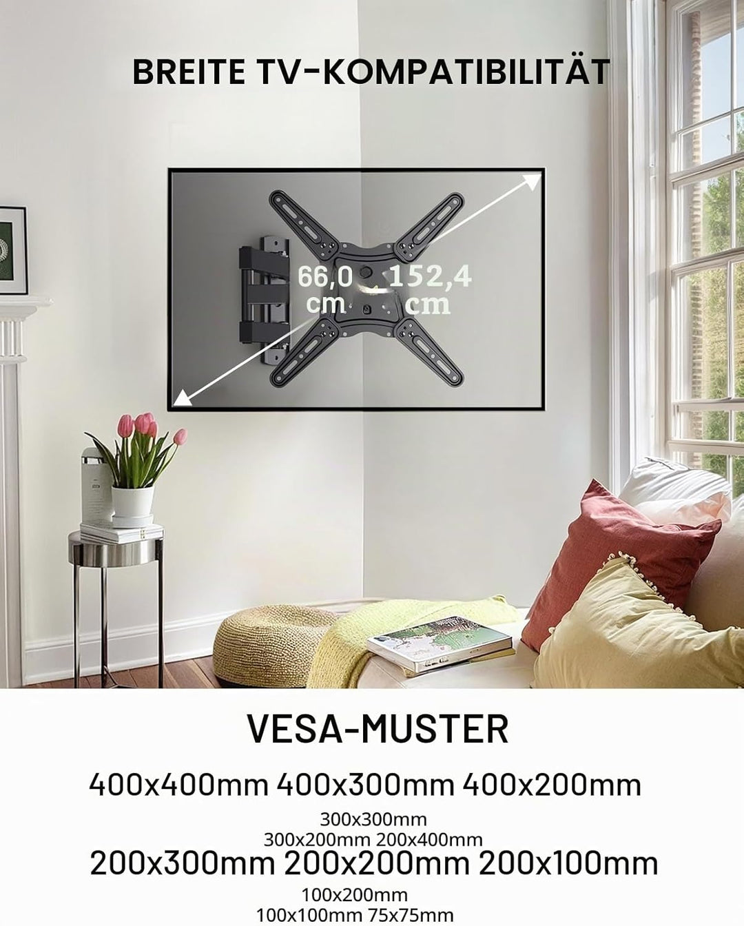 Alphamount TV Wandhalterung, Schwenkbare Neigbare TV Halterung für 26-60 Zoll LED LCD Flach & Curved