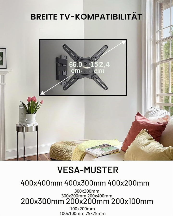 Alphamount TV Wandhalterung, Schwenkbare Neigbare TV Halterung für 26-60 Zoll LED LCD Flach & Curved