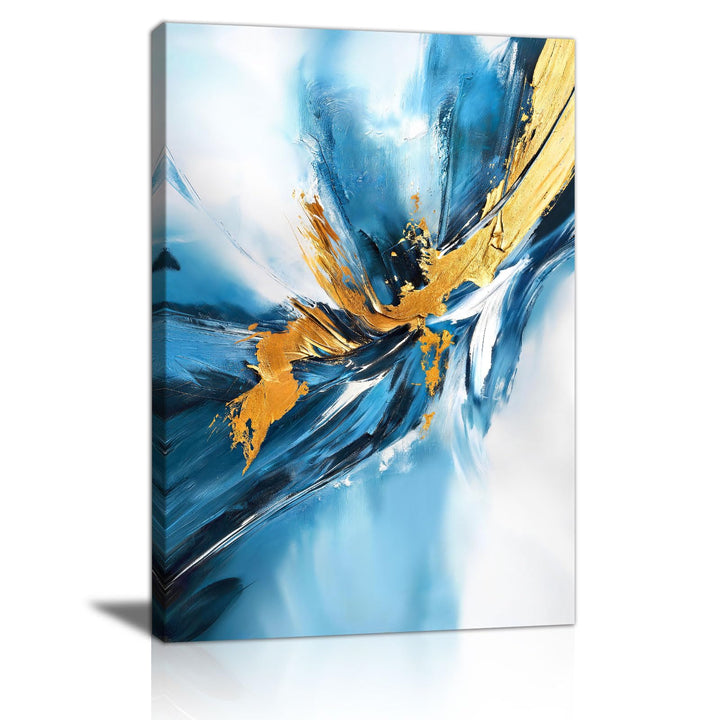 FajerminArt Abstrakt Blau Gold Wellen Leinwandbilder Mit Rahmen, Modern Minimalistisch Bild Auf Lein