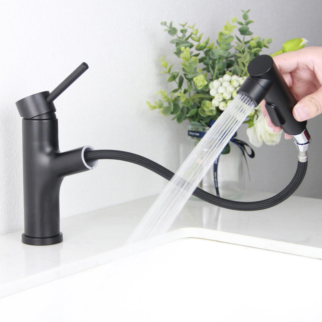 Wasserhahn Bad Schwarz, SEMANEY Waschtischarmatur mit Herausziehbarer Brause 3 Modi, Mischbatterie W