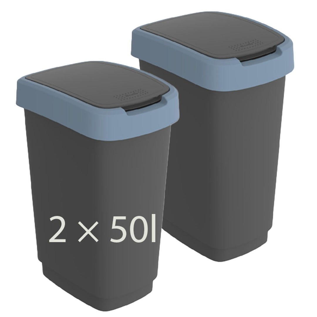 Rotho Twist 2er-Set Mülleimer 50l mit Deckel, Anthrazit/Blau, Kunststoff blau/anthrazit 2x50l, blau/