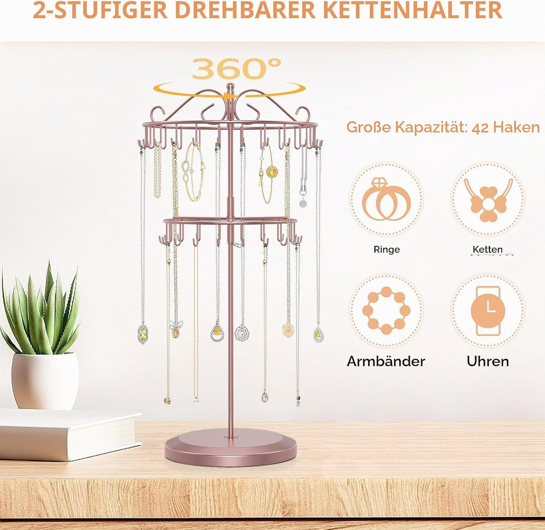 iDavosic.ly 2-Stufiger Kettenständer Schmuck Drehbar, 42-Haken Ketten Halsketten Aufbewahrung, Metal