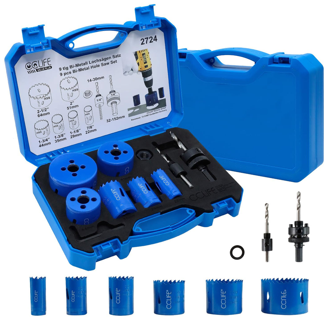 CCLIFE Lochsäge Set Bi-Metall, 8tlg Bimetall M3 HSS-CO Lochbohrer Ø22-64mm | Schnitttiefe 38mm | zum