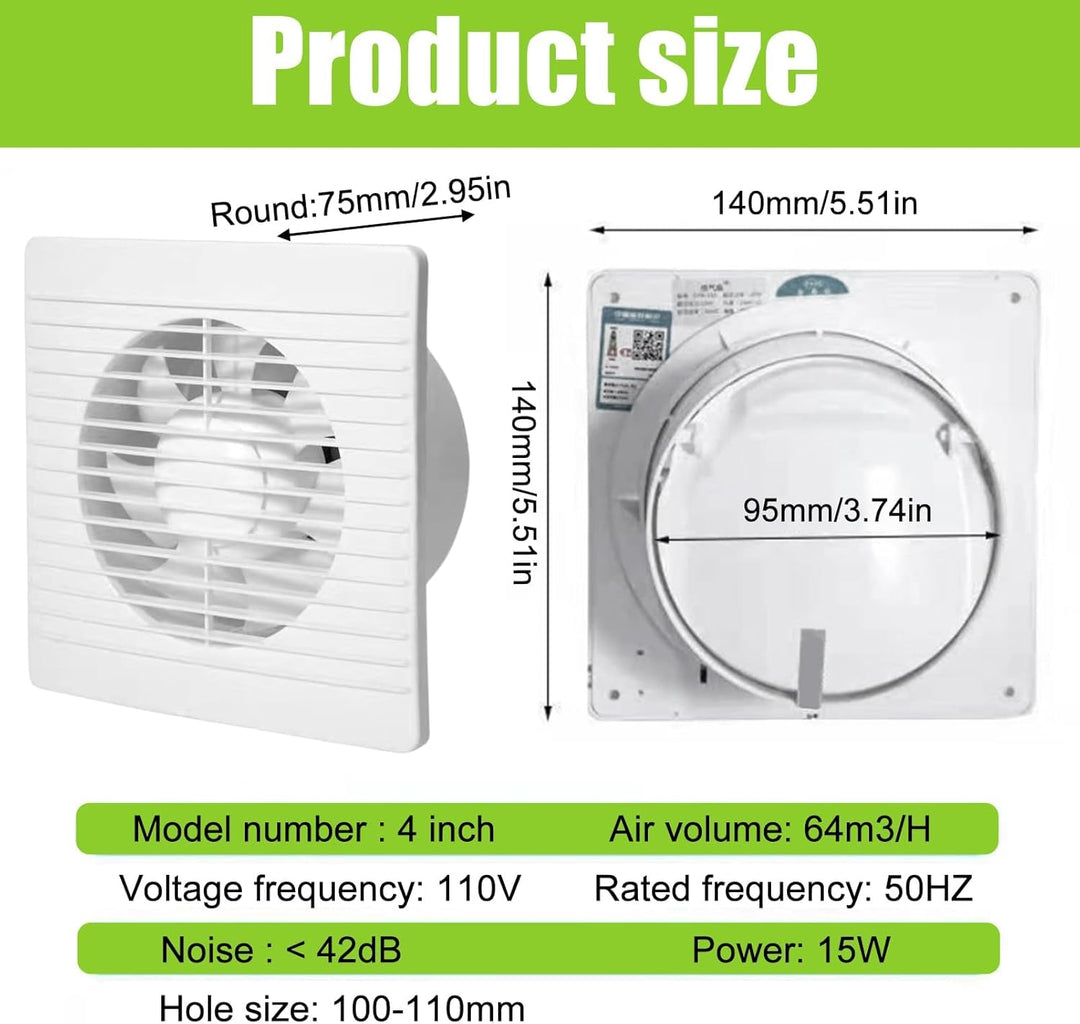 100mm Badlüfter Wandventilator Abluftventilator: 4 Zoll Lüftungsgebläse mit Schalter, Geräuschloser