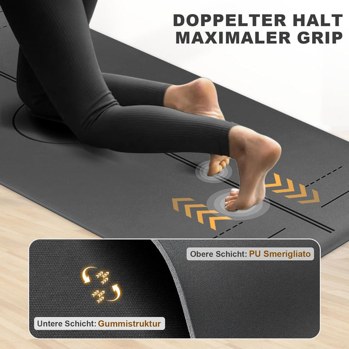 Yogamatte aus ECO Naturkautschuk & Hhautfreundlichem TPE, Extrem Rutschfest, Ausrichtungslinien, Ein