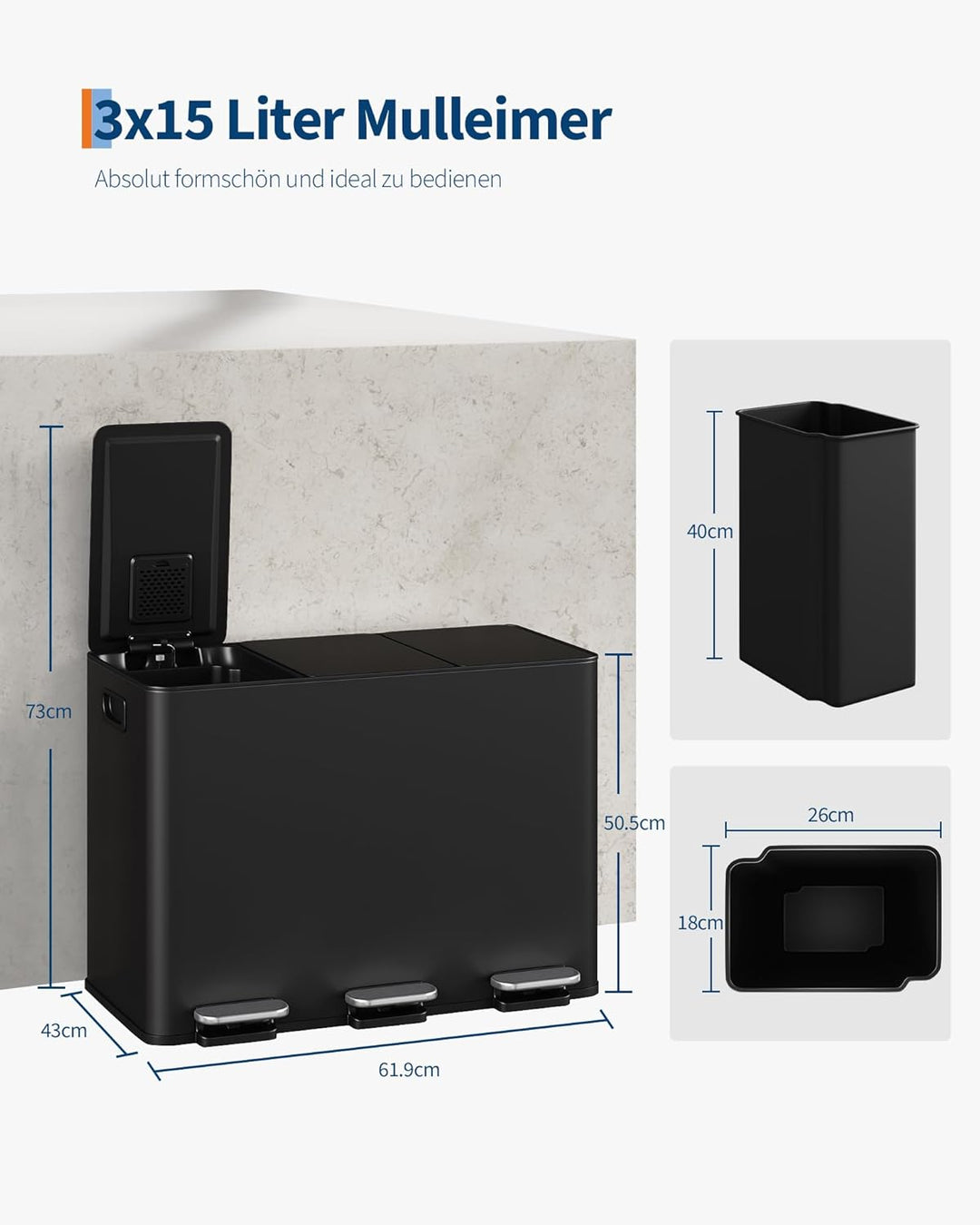 GarveeHome Mülleimer Küche, Mülleimer 3 fächer, Mülltrennsystem 3 x 15 Liter, Tretmülleimer mit Edel