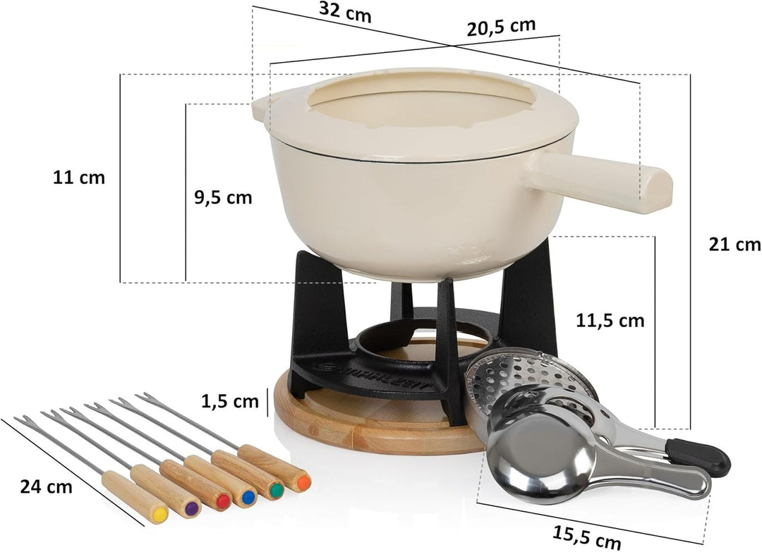 Mahlzeit Gusseisen Fondue Set für 6 Personen | 2 Liter | Fondueset 13 teilig mit Brenner und Gabeln