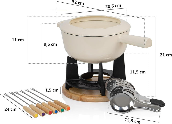 Mahlzeit Gusseisen Fondue Set für 6 Personen | 2 Liter | Fondueset 13 teilig mit Brenner und Gabeln