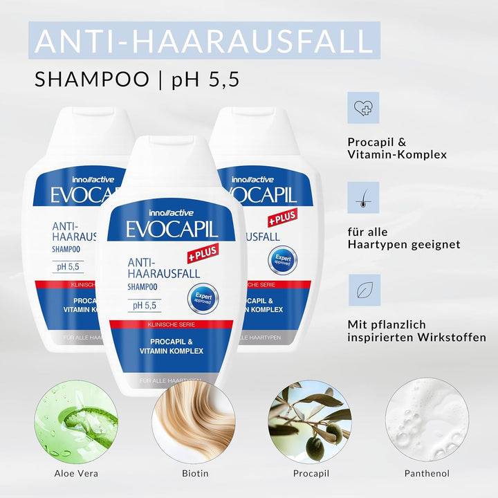 Evocapil Plus 3-Monatige Anti-Haarausfall-Behandlung – x3 Shampoo, x3 Spray & x3 Vitamine – Mit Proc