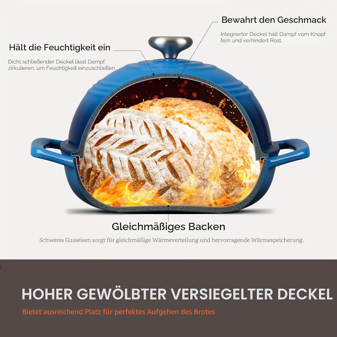 Overmont Gusseisen Topf Emaille Brotbacktopf - 5.7L Bräter Schmortopf mit Deckel und Kochbuch – für