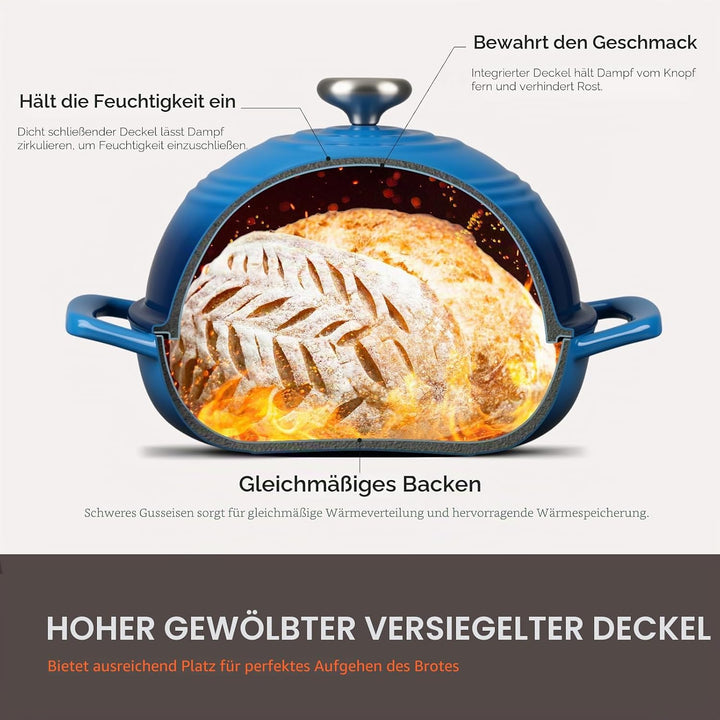 Overmont Gusseisen Topf Emaille Brotbacktopf - 5.7L Bräter Schmortopf mit Deckel und Kochbuch – für