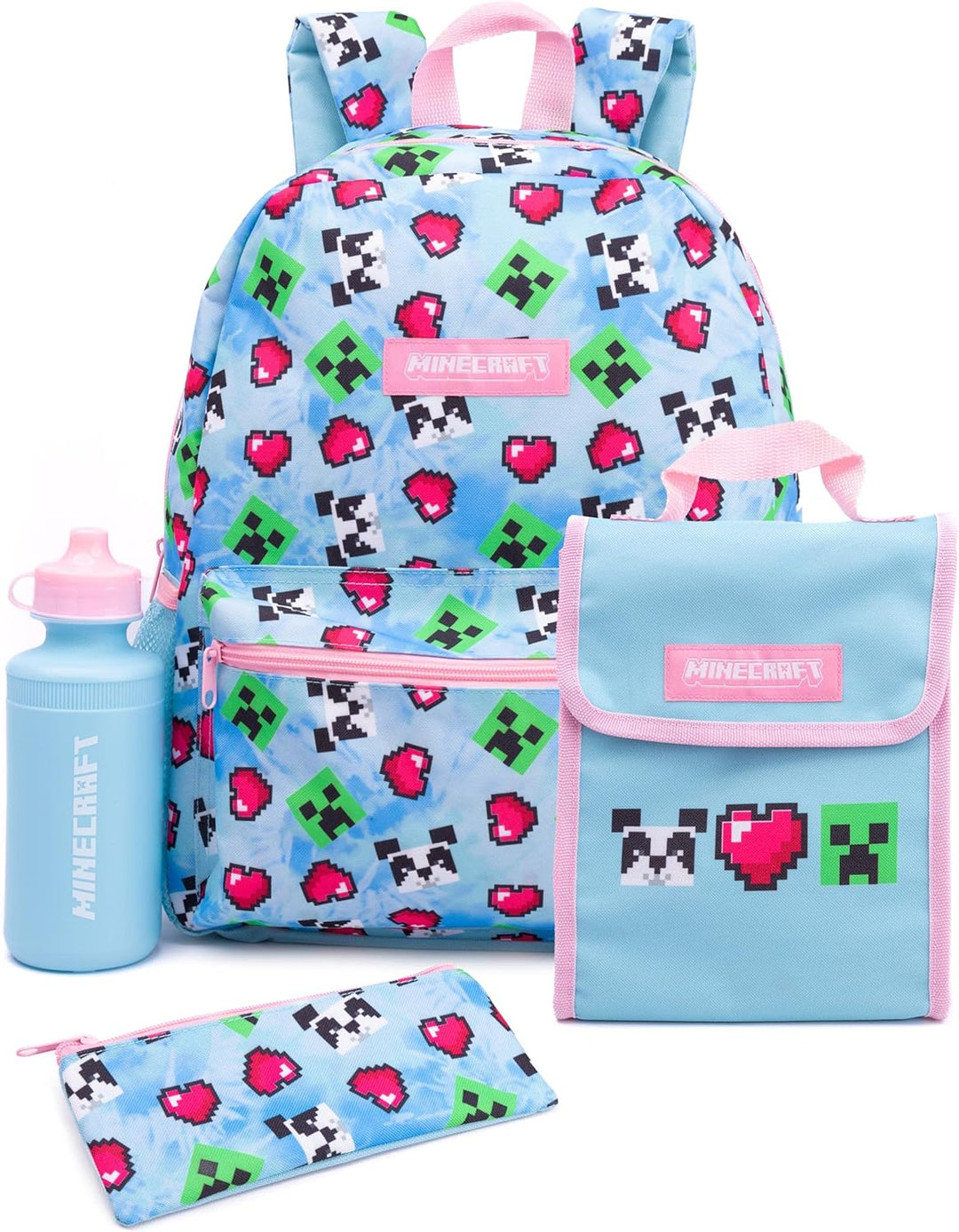 Minecraft Rucksack und Brotdose Set für Mädchen | Kinder 4-teilig Creeper Panda Herzen Blau Schulruc