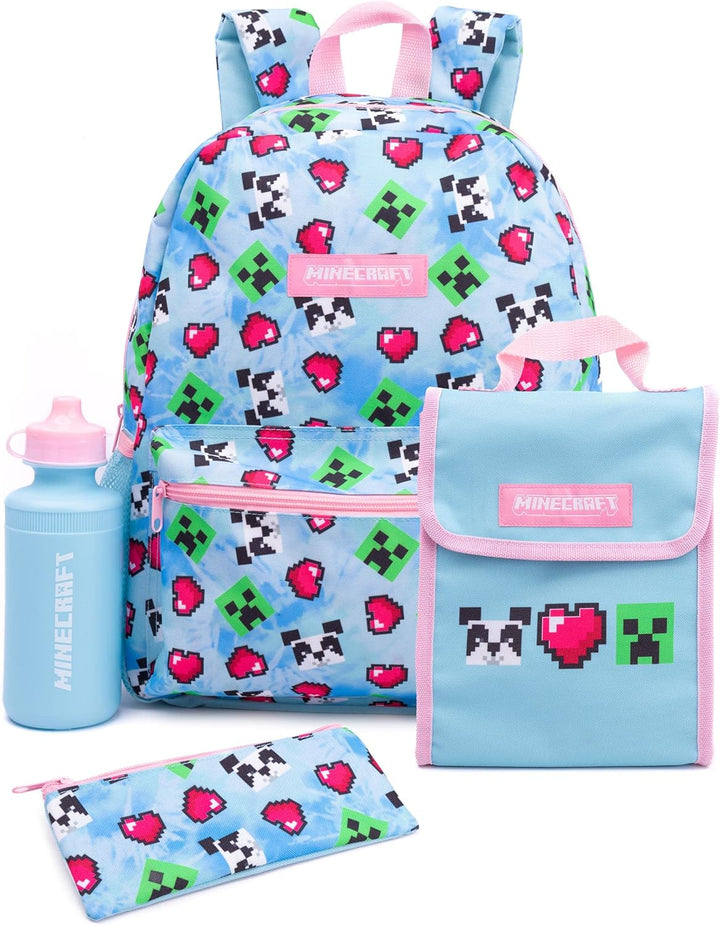 Minecraft Rucksack und Brotdose Set für Mädchen | Kinder 4-teilig Creeper Panda Herzen Blau Schulruc