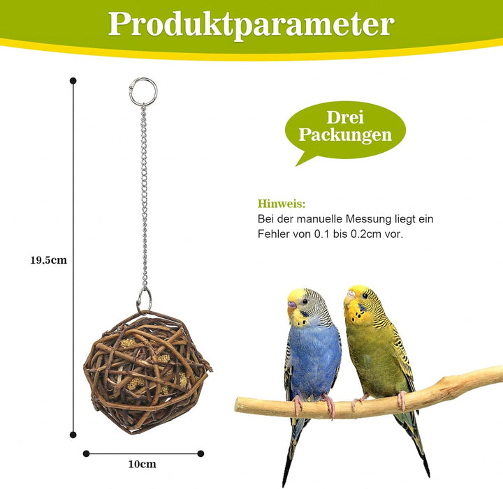 3 Stück Kolbenhirse gefüllte Weidenkugel-für Vögel zum Kauen und Klettern – handgefertigt – Vogelkau