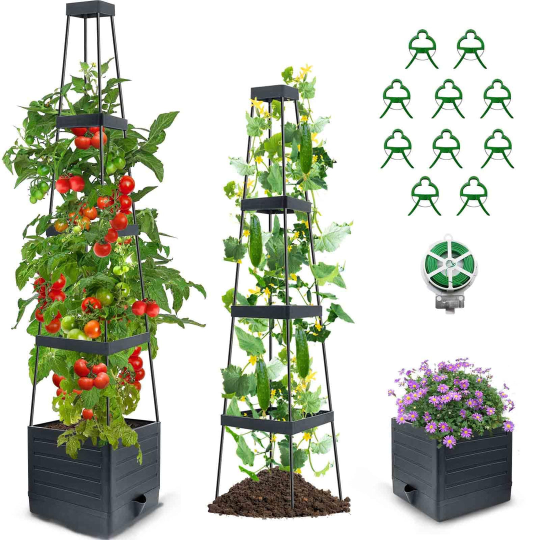 145cmTomatentopf，Selbstbewässernder Tomatentopf mit Rankhilfe，Tomatenkäfig Pflanzgefäss Hochbeet mit