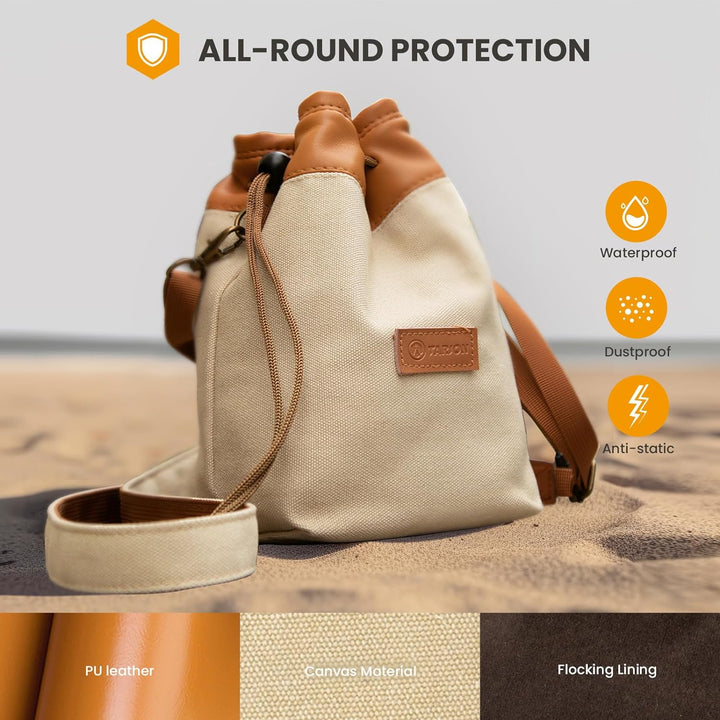 TARION Objektivbeutel mit Tragegurt, Objektivtasche aus Canvas PU Leder, Gepolstert Schutzbeutel Kam