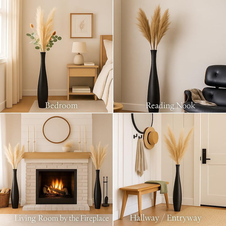 Leewadee Grosse Bodenvase für Dekozweige hohe Standvase Design Holzvase, Holz, 90 cm, Schwarz 90 cm