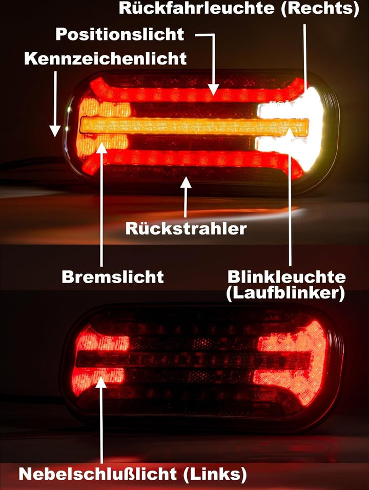 Anhängerbeleuchtung Set – 2x LED Rückleuchte 6 Funktionen Dynamischer Blinker + Umrissleuchten + Kab