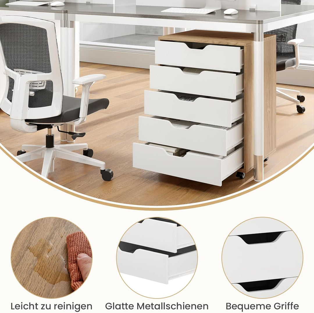 GOPLUS Schubladenschrank mit Rollen, Rollcontainer mit 5 Schubladen, Griffmulden, mobiler Aktenschra