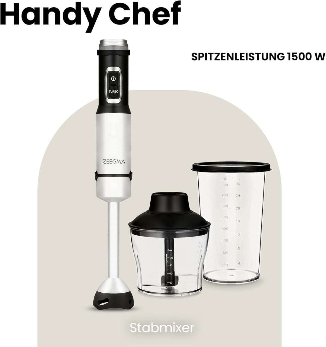 ZEEGMA Handy Chef Stabmixer 5in1 multifunktional 1500W, Düsensatz: Pürierstab, Mixer, Quirl, Rührhak