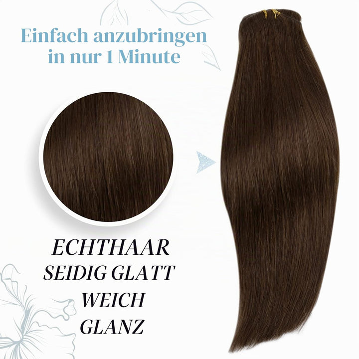 RUNATURE Clip in Extensions Echthaar Braun Menschliches Haar 60cm Glatt Haarverlängerung 135g 7Pcs F