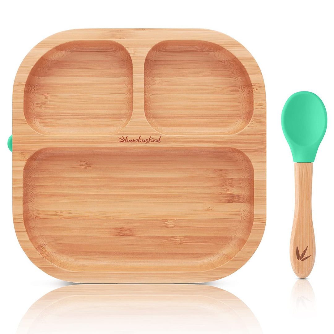 bambuskind Kinderteller mit Saugnapf grün I Inkl. Rezepte-Ebook I rutschfester Babyteller aus Bambus