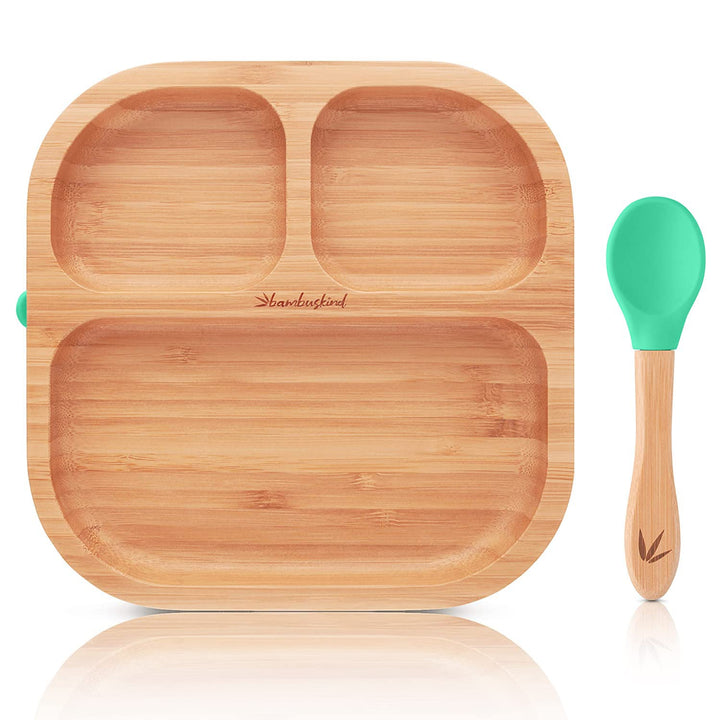 bambuskind Kinderteller mit Saugnapf grün I Inkl. Rezepte-Ebook I rutschfester Babyteller aus Bambus
