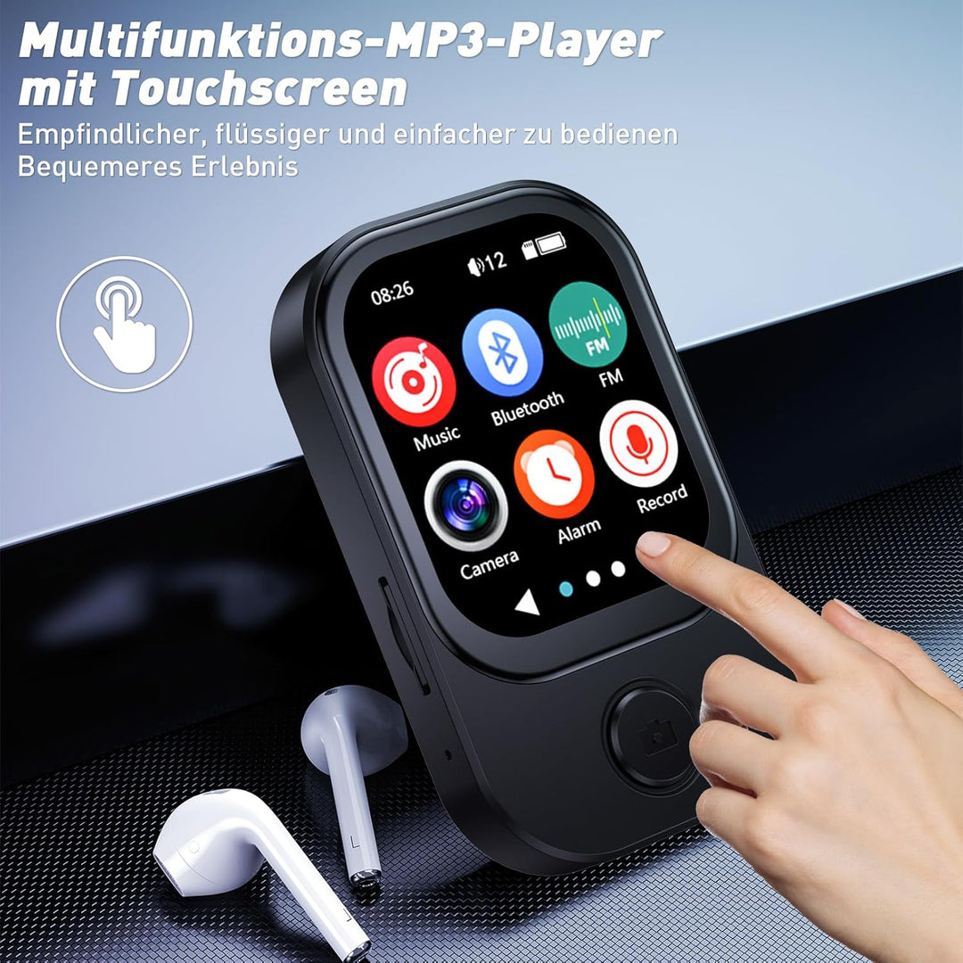 64GB MP3 Player Bluetooth mit 180° Aufklappbar Kamera, Mini Musik Player HD Lautsprecher FM Radio Fo