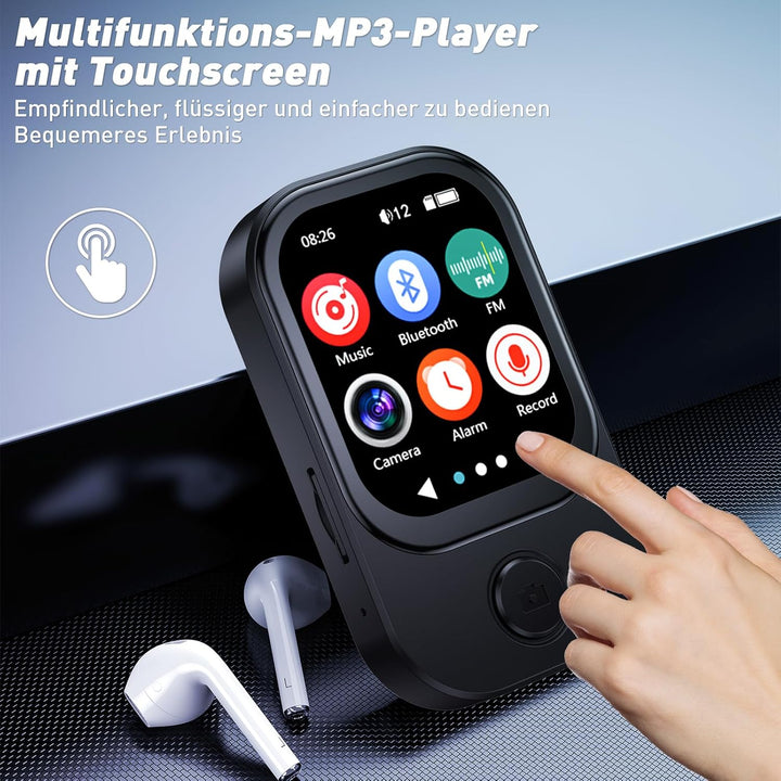 64GB MP3 Player Bluetooth mit 180° Aufklappbar Kamera, Mini Musik Player HD Lautsprecher FM Radio Fo