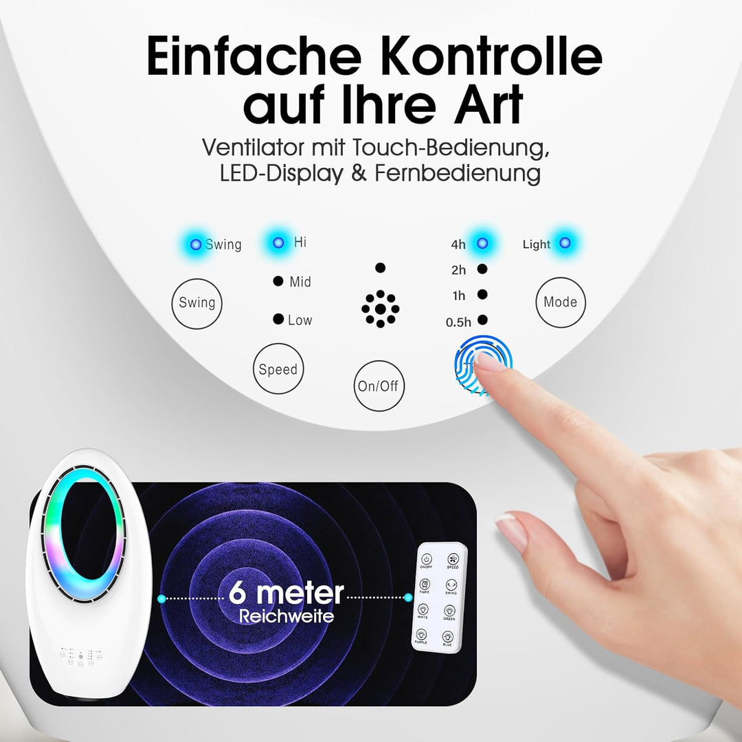 Rotorloser Ventilator, Leiser Turmventilator mit Fernbedienung, LED Beleuchtung, 60° Oszillation,3 M