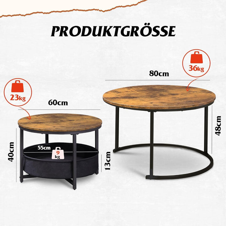 WLIVE Couchtisch 2er Set, 80 Durchmesser Gross Wohnzimmertisch, 60 Durchmesser Beistelltisch Rund mi
