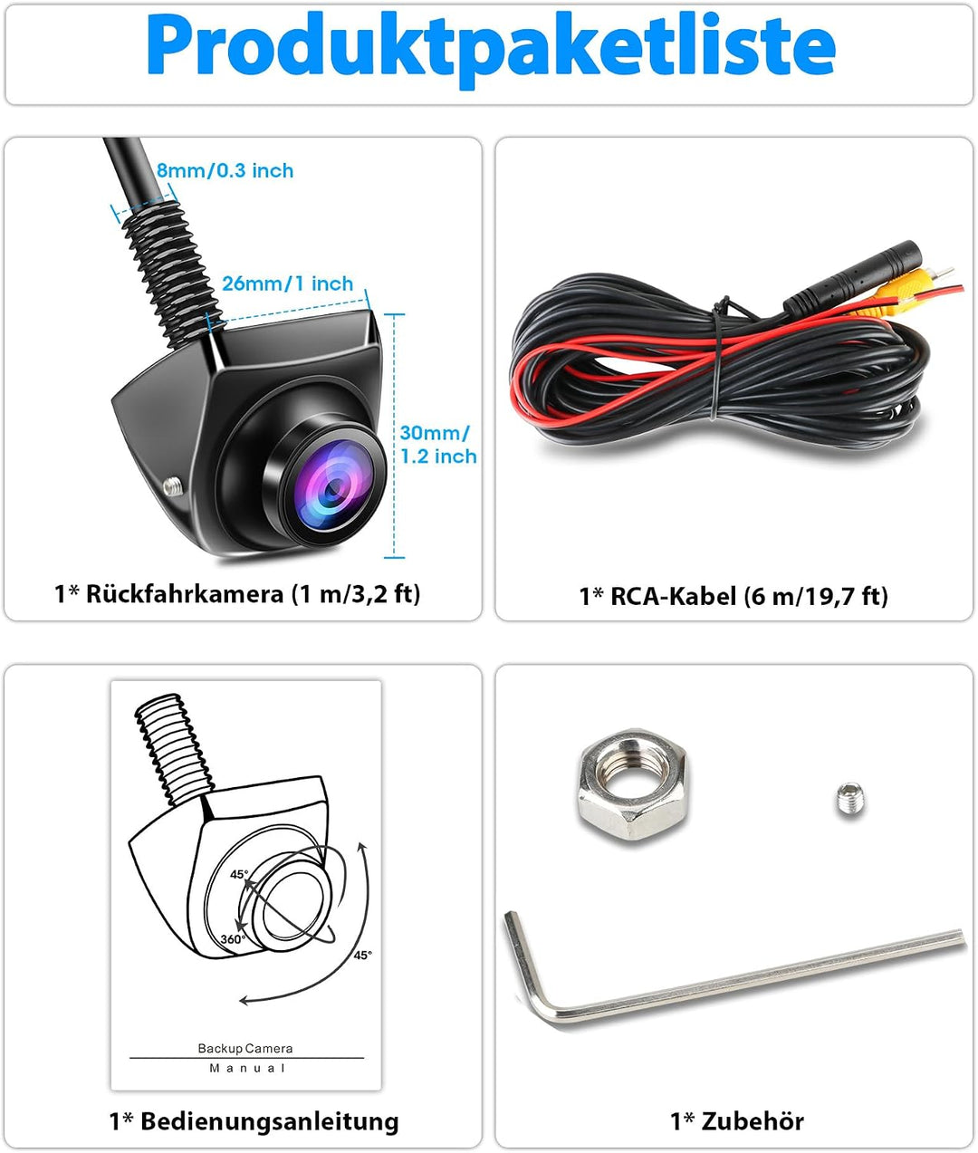 AHD 1080P Rückfahrkamera Auto Rückfahrkamera mit 360°+45° Einstellbares Objektiv Kabel Rückfahrkamer