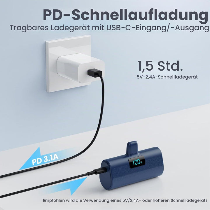Mini Powerbank 5200mAh für iPhone, Klein Power Bank 20W PD 4.0A Schnellladefunktion Externer Akku, C