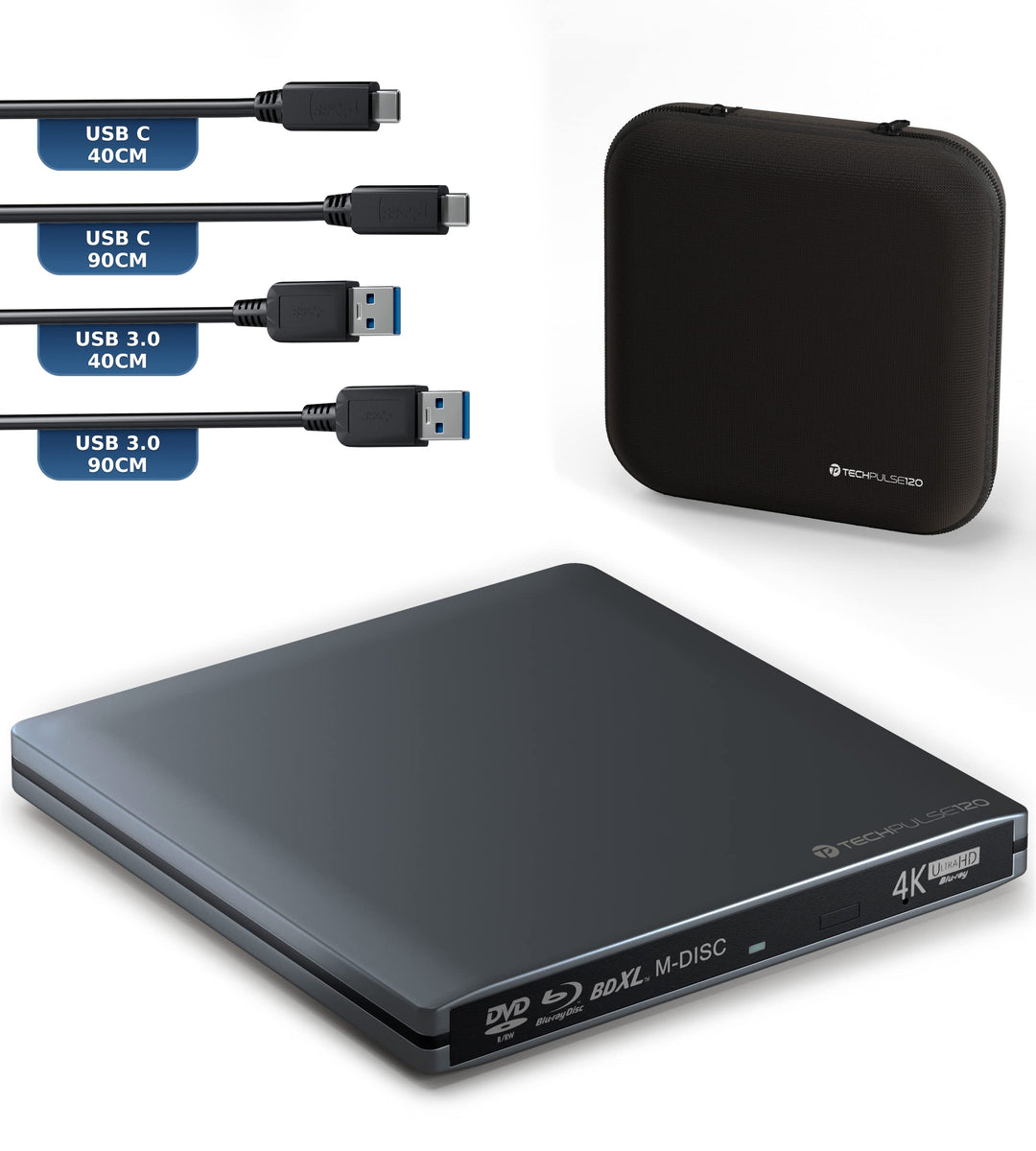 techPulse120 Externes USB 3.1 Blu-ray DVD CD USB-C UHD 4k 3D M-DISC BDXL HDR10 128GB Laufwerk Brenne