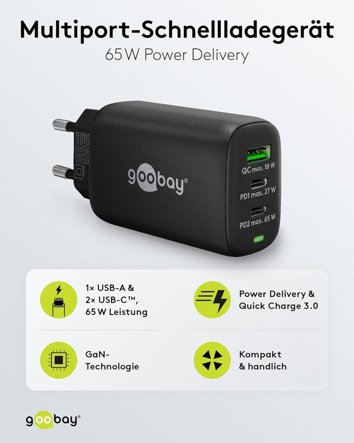 Goobay 65407 USB C Ladegerät Netzteil 65W Power Delivery PD Schnellladegerät/iPhone/Android/USB-C &amp;