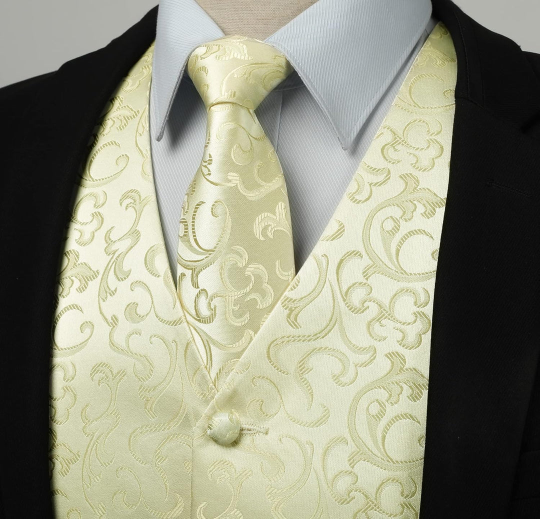 Herren Weste Paisley Floral Jacquard Seide Krawatte Einstecktuch Taschentuch Set mit Manschettenknöp