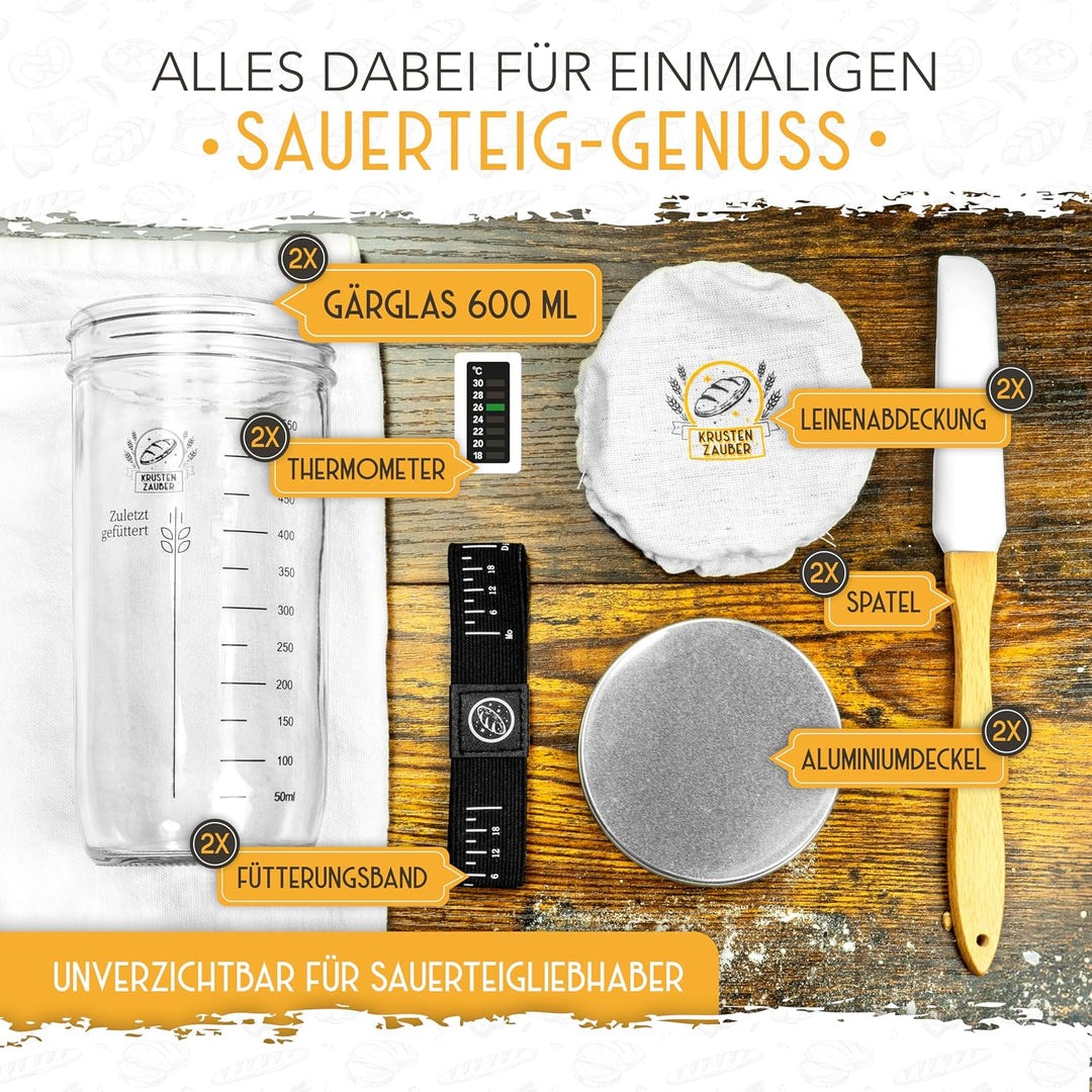 KRUSTENZAUBER Sauerteig Starter Set mit 2x 600 ml Gärgläsern für Sauerteig 2x600ml, Sauerteig Starte
