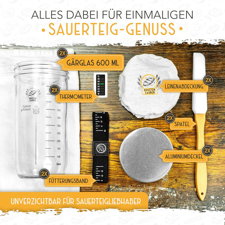KRUSTENZAUBER Sauerteig Starter Set mit 2x 600 ml Gärgläsern für Sauerteig 2x600ml, Sauerteig Starte