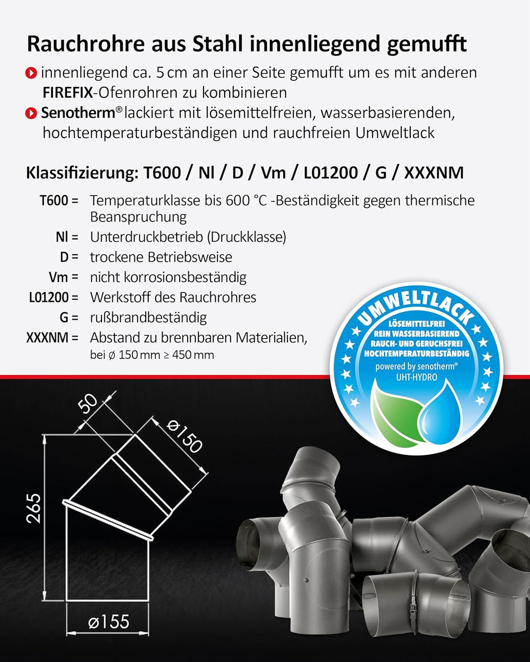 FIREFIX RD150/B45 Ofenrohrbogen I Ofenrohr 150mm aus Stahl für Kaminofen I Beschichtetes Kaminrohr,