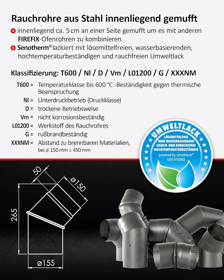 FIREFIX RD150/B45 Ofenrohrbogen I Ofenrohr 150mm aus Stahl für Kaminofen I Beschichtetes Kaminrohr,