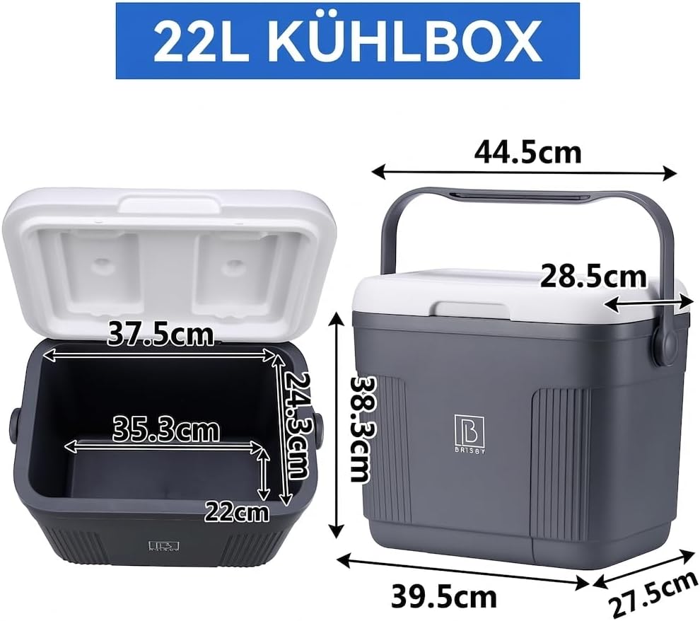 Brisby 22L Kühlbox – Passiv & Ohne Strom – mit 4 Grossen Kühlakkus à 450ml – Bis zu 40 Std. Kühl / 1