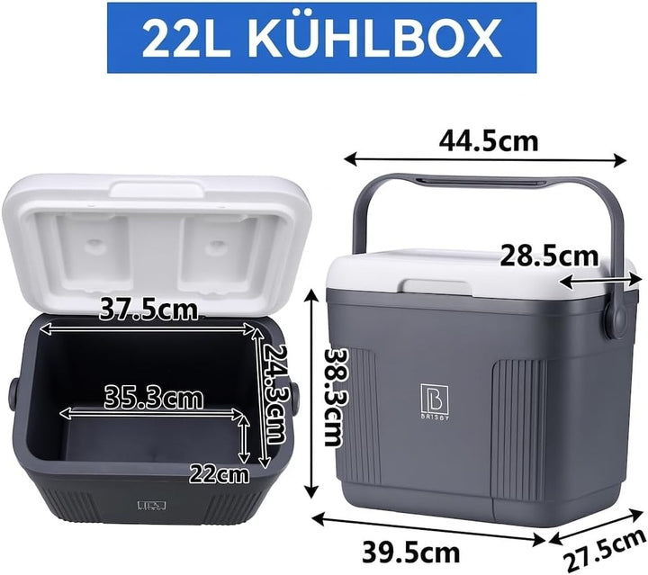 Brisby 22L Kühlbox – Passiv & Ohne Strom – mit 4 Grossen Kühlakkus à 450ml – Bis zu 40 Std. Kühl / 1