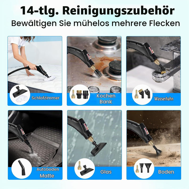 Dampfreiniger Handgerät mit 14 Zubehör, 1500W Mehrzweck Steam Cleaner, Dampfdruck 3Bar, Aufheizzeit