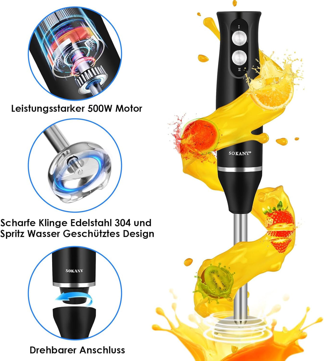 4-In-1 Elektrische Stabmixer, 500 W Pürierstab mit 2 Geschwindigkeiten, Stabmixer Edelstahl Schneebe
