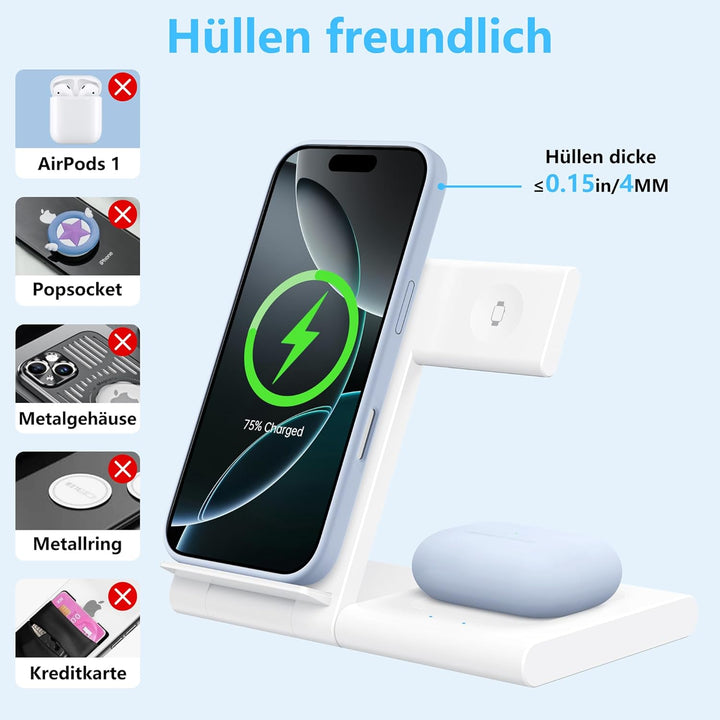 3 in 1 Induktions Ladestation für iPhone 17/16/15/14/13/12, Schnellladegerät 15W für Apple Watch Ult
